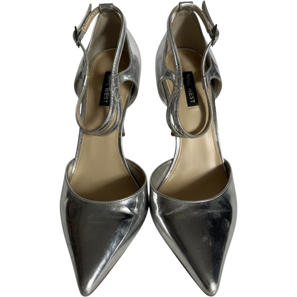 Nine West Silver Metallic Pointed Toe Double Strap Pumps Heels WNSING3 Size 10M